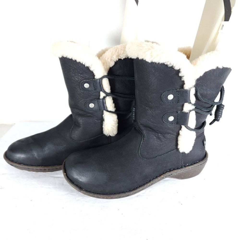 UGG Women's Akadia US 7 Black Leather Sheepskin Shearling Mid Calf Winter Boots